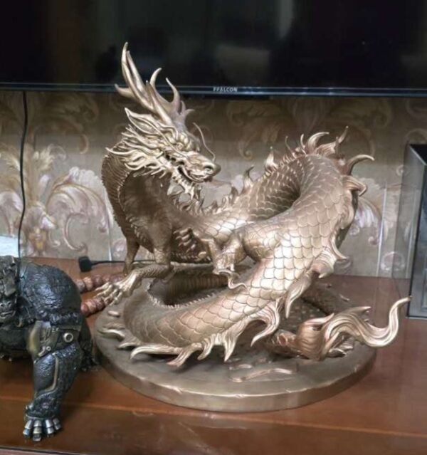 The Dragon on the Coin – Handcrafted Solid Brass Sculpture, “Guardian of Fortune,” Auspicious Chinese Dragon, Symbol of Wealth & Protection