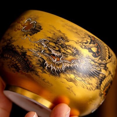 Ink Dragon Gold Cup – Handcrafted Jianzhan Tea Cup, Gilded Interior & Black Dragon Motif, Song Dynasty Kiln Heritage