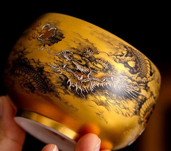 Ink Dragon Gold Cup – Handcrafted Jianzhan Tea Cup, Gilded Interior & Black Dragon Motif, Song Dynasty Kiln Heritage