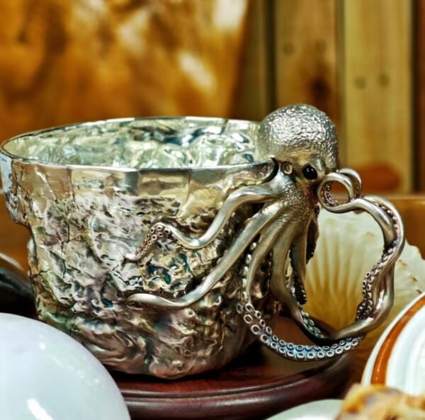 Octopus Handle Silver Cup – Handcrafted Solid Sterling Silver Vessel, “Wealth from All Directions,” Masterful Artisan Design for Tea or Coffee