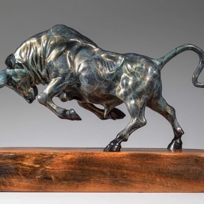 The Pioneer – Handcrafted Solid Brass Charging Bull Sculpture, “Breaking Ground”