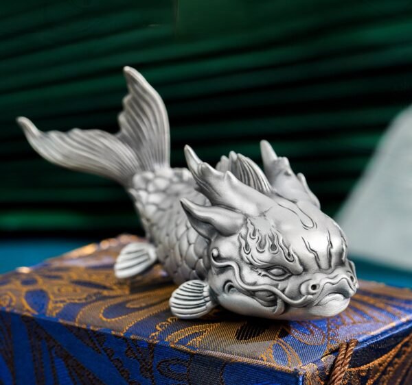 The Dragon-Fish - Handcrafted Solid Sterling Silver Sculpture, “From Carp to Dragon,” Auspicious Symbol of Transformation & Success