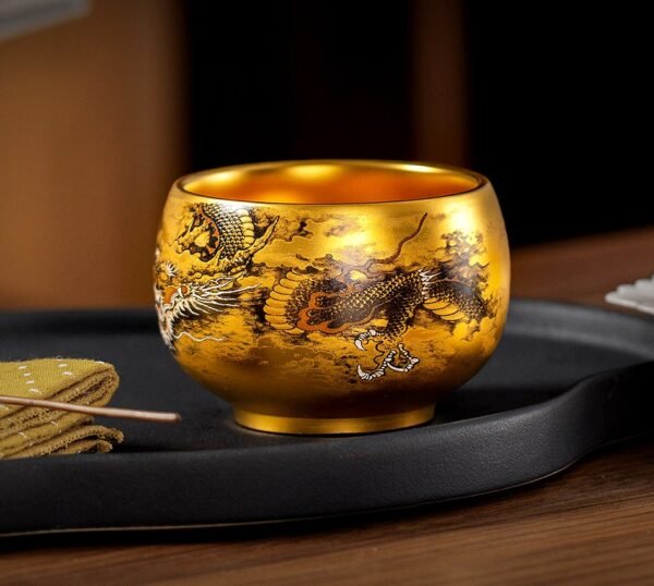 Ink Dragon Gold Cup – Handcrafted Jianzhan Tea Cup, Gilded Interior & Black Dragon Motif, Song Dynasty Kiln Heritage
