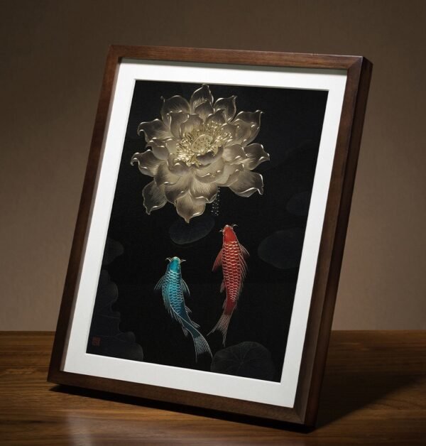 “Auspicious Koi (Desktop)” – Handcrafted Solid Brass Chisel-Painted Tabletop Art