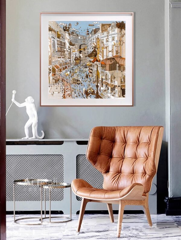 “Faubourg Saint-Honoré” – Framed Fine Art Reproduction, Inspired by the Hermès Parade Scarf, Museum-Grade Archival Pigment on Silk Fabric, Handcrafted Home Decor