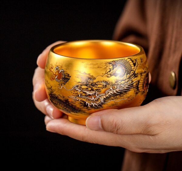 Ink Dragon Gold Cup – Handcrafted Jianzhan Tea Cup, Gilded Interior & Black Dragon Motif, Song Dynasty Kiln Heritage