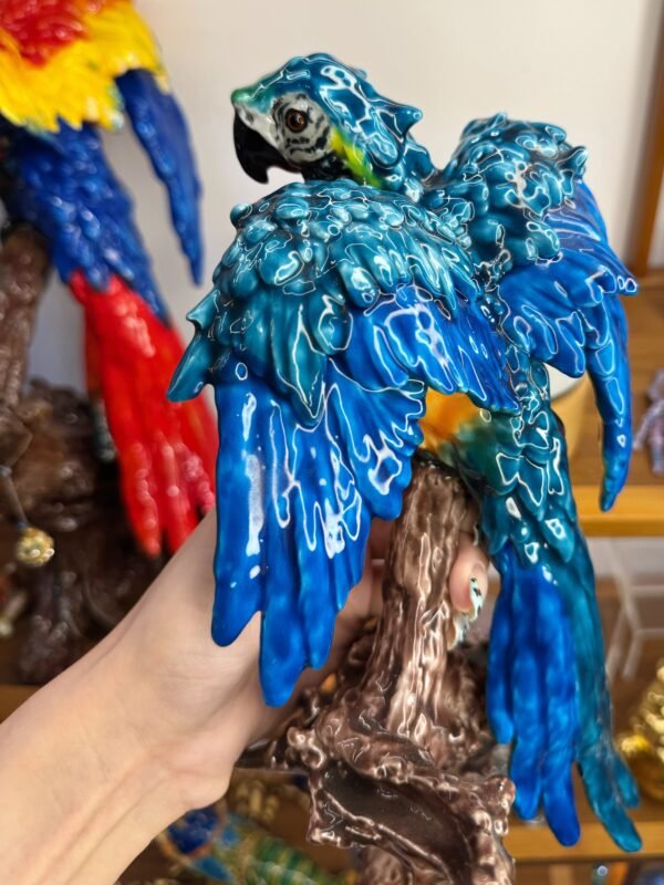 Blue Macaw – Handcrafted Resin Sculpture with Enamel Finish, Glass Eyes, Artist Lin Hui Design, Signed Collector’s Piece