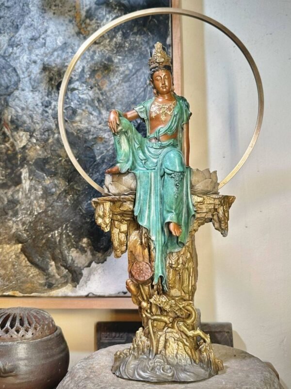 Guanyin – The Bodhisattva of Compassion, Handcrafted Solid Brass Sculpture, “The One Who Sees Freely”