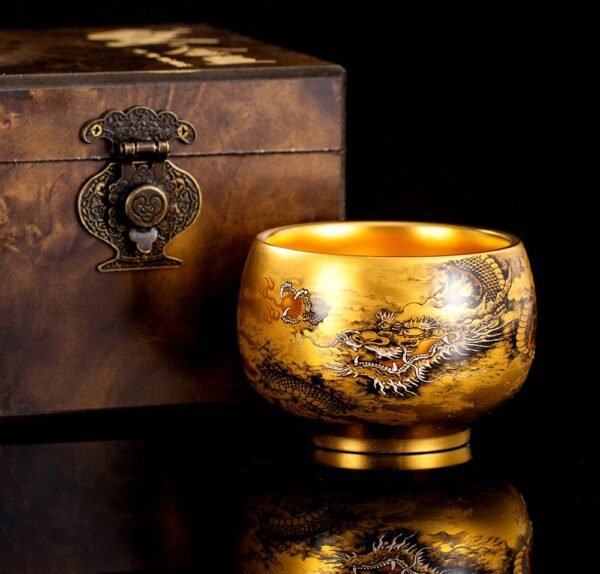 Ink Dragon Gold Cup – Handcrafted Jianzhan Tea Cup, Gilded Interior & Black Dragon Motif, Song Dynasty Kiln Heritage