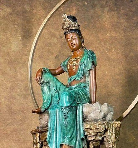 Guanyin – The Bodhisattva of Compassion, Handcrafted Solid Brass Sculpture, “The One Who Sees Freely”