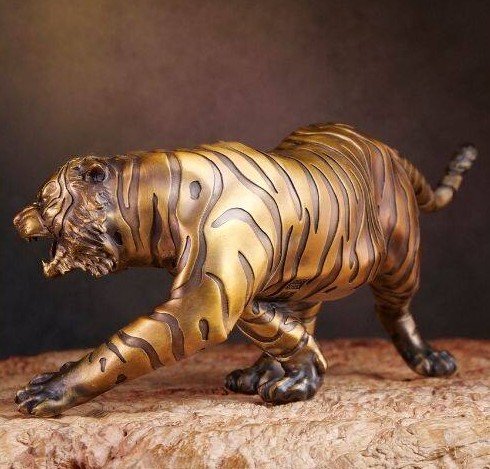 The Golden Tiger – Handcrafted Solid Brass Sculpture, “Walking with Majesty,”
