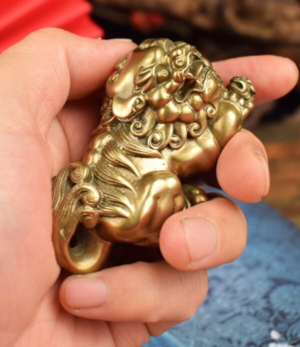 The Auspicious Lion – Handcrafted Solid Brass Sculpture, “The King’s Companion,” Fortune-Bringer & Palm Guardian, Scholar’s Desk Treasure