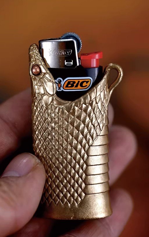 The Serpent Head Lighter Shell – Handcrafted Solid Brass or White Copper Case for BIC J5