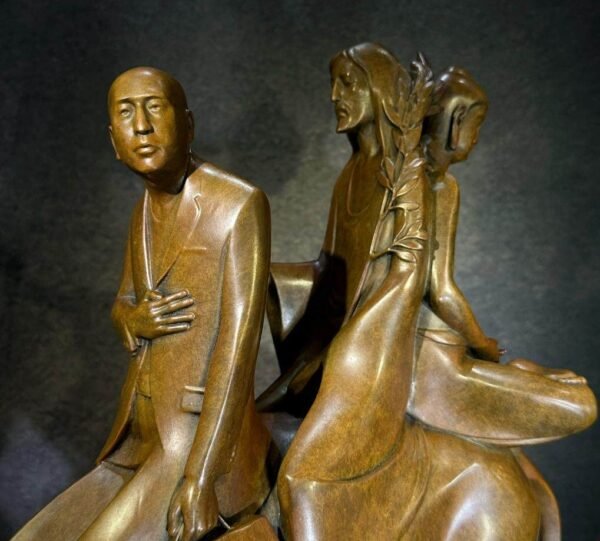 “Three Travelers” – Handcrafted Solid Bronze Sculpture, “The New Rich & The Weight of Belief,” Contemporary Figurative Art
