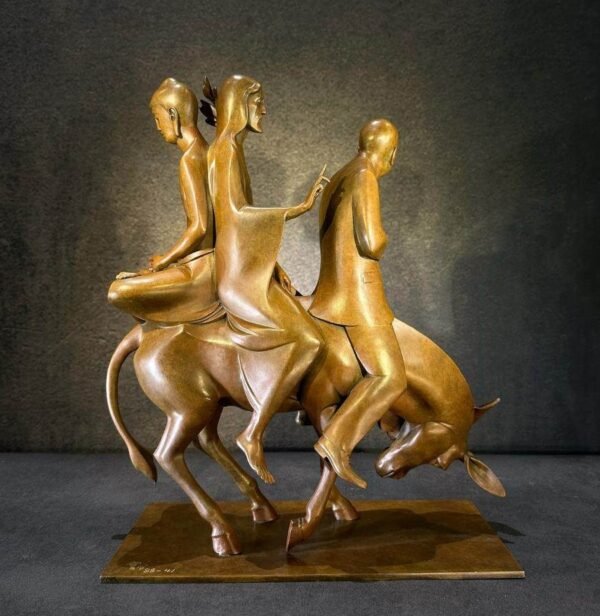 “Three Travelers” – Handcrafted Solid Bronze Sculpture, “The New Rich & The Weight of Belief,” Contemporary Figurative Art