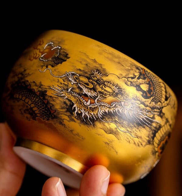 Ink Dragon Gold Cup – Handcrafted Jianzhan Tea Cup, Gilded Interior & Black Dragon Motif, Song Dynasty Kiln Heritage