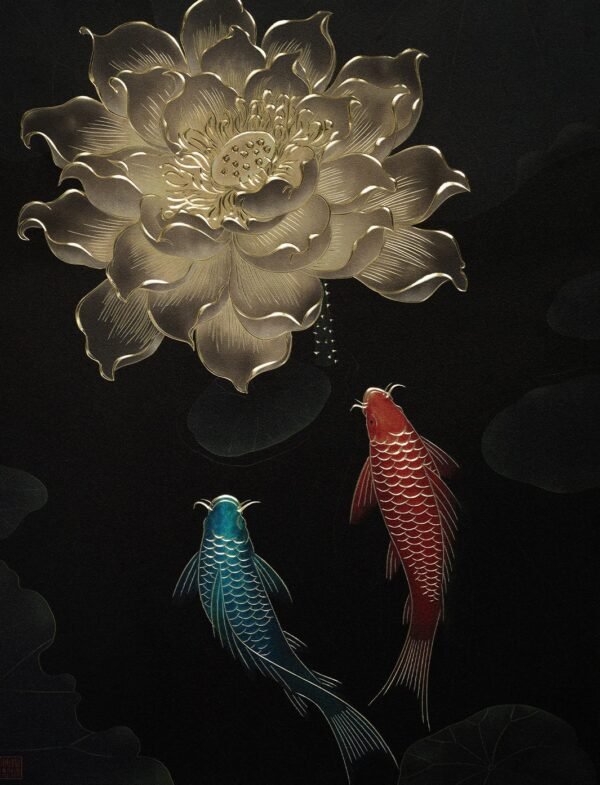 “Auspicious Koi (Desktop)” – Handcrafted Solid Brass Chisel-Painted Tabletop Art