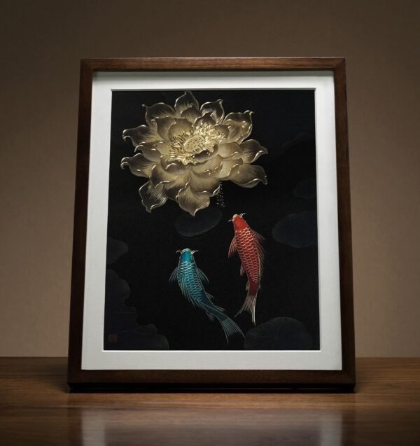 “Auspicious Koi (Desktop)” – Handcrafted Solid Brass Chisel-Painted Tabletop Art