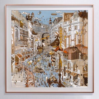 “Faubourg Saint-Honoré” – Framed Fine Art Reproduction, Inspired by the Hermès Parade Scarf, Museum-Grade Archival Pigment on Silk Fabric, Handcrafted Home Decor