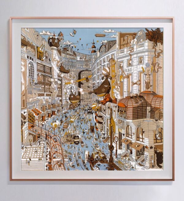 “Faubourg Saint-Honoré” – Framed Fine Art Reproduction, Inspired by the Hermès Parade Scarf, Museum-Grade Archival Pigment on Silk Fabric, Handcrafted Home Decor