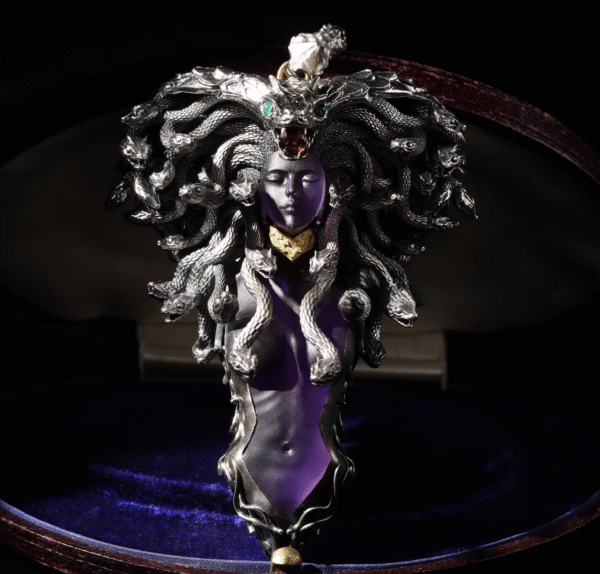 Medusa Queen Pendant – Handcrafted Sterling Silver & Gemstone Necklace, “The Serpent’s Gaze,” Green Chrysoprase & Ruby Zircon