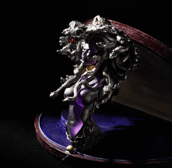 Medusa Queen Pendant – Handcrafted Sterling Silver & Gemstone Necklace, “The Serpent’s Gaze,” Green Chrysoprase & Ruby Zircon