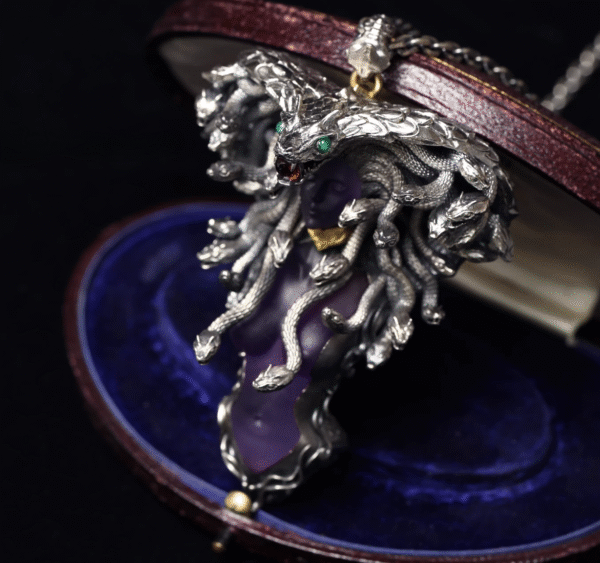 Medusa Queen Pendant – Handcrafted Sterling Silver & Gemstone Necklace, “The Serpent’s Gaze,” Green Chrysoprase & Ruby Zircon
