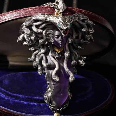 Medusa Queen Pendant – Handcrafted Sterling Silver & Gemstone Necklace, “The Serpent’s Gaze,” Green Chrysoprase & Ruby Zircon