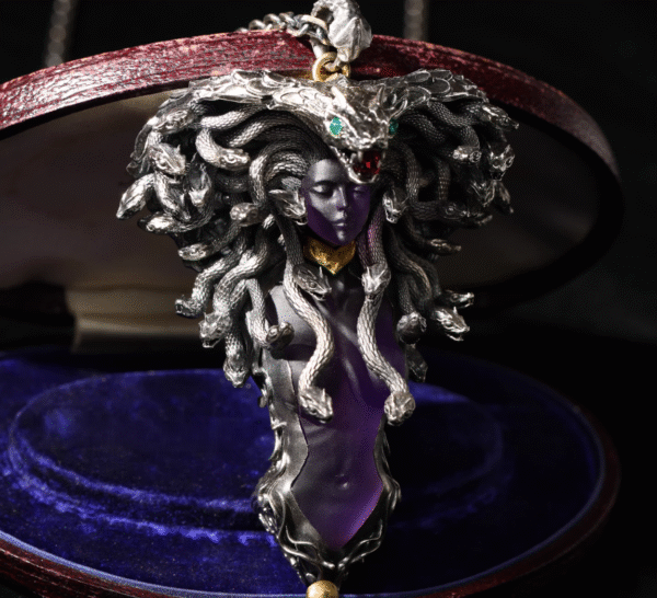Medusa Queen Pendant – Handcrafted Sterling Silver & Gemstone Necklace, “The Serpent’s Gaze,” Green Chrysoprase & Ruby Zircon