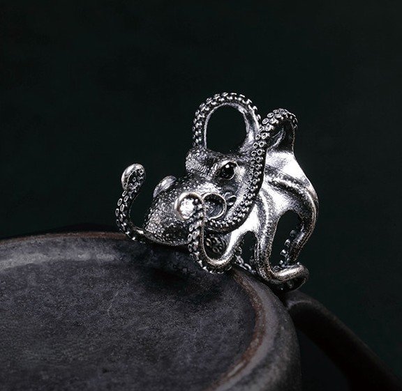 Octopus Ring, Handcrafted 925 Sterling Silver with Black Onyx, “Bright Future Within Reach”, Adjustable Unisex Band