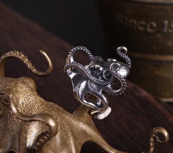 Octopus Ring, Handcrafted 925 Sterling Silver with Black Onyx, “Bright Future Within Reach”, Adjustable Unisex Band