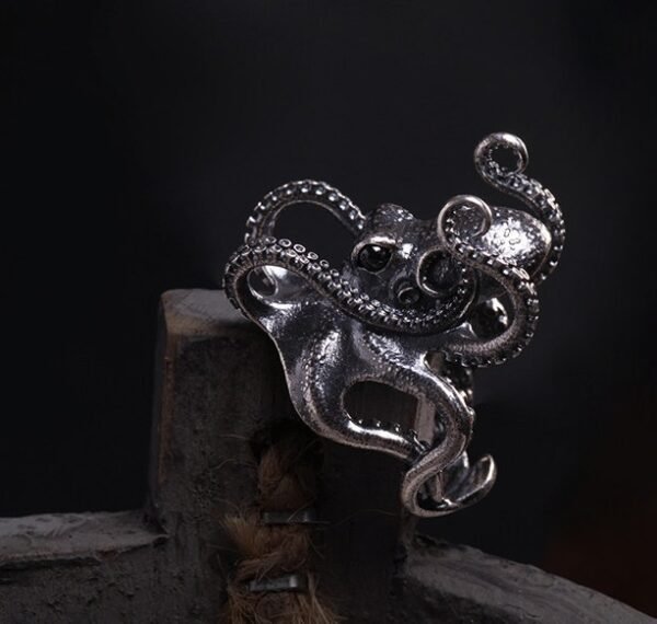 Octopus Ring, Handcrafted 925 Sterling Silver with Black Onyx, “Bright Future Within Reach”, Adjustable Unisex Band