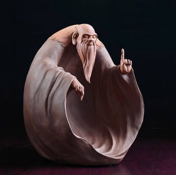 Laozi – Handcrafted Zisha Clay Sculpture, “The Sage of Tao”, One Hand to Heaven, One Hand to Earth, Zen Art for Study & Office