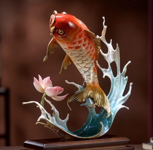 “Abundance Year After Year” – Handcrafted Solid Brass Koi Sculpture, “Leaping Over the Dragon Gate”, Auspicious Symbol of Success & Prosperity