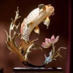 “Abundance Year After Year” – Handcrafted Solid Brass Koi Sculpture, “Leaping Over the Dragon Gate”, Auspicious Symbol of Success & Prosperity