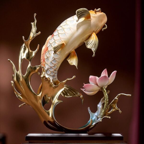 “Abundance Year After Year” – Handcrafted Solid Brass Koi Sculpture, “Leaping Over the Dragon Gate”, Auspicious Symbol of Success & Prosperity