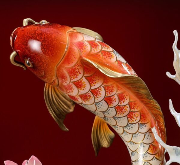 “Abundance Year After Year” – Handcrafted Solid Brass Koi Sculpture, “Leaping Over the Dragon Gate”, Auspicious Symbol of Success & Prosperity