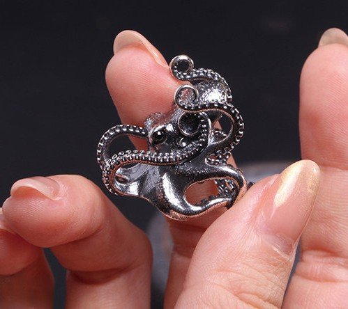 Octopus Ring, Handcrafted 925 Sterling Silver with Black Onyx, “Bright Future Within Reach”, Adjustable Unisex Band