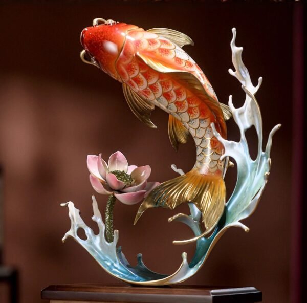 “Abundance Year After Year” – Handcrafted Solid Brass Koi Sculpture, “Leaping Over the Dragon Gate”, Auspicious Symbol of Success & Prosperity