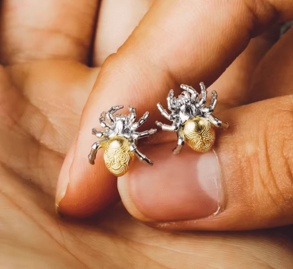 The Spider Earrings – Handcrafted Sterling Silver with Gold Accent, “Threads of Fate,”