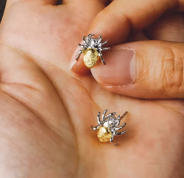 The Spider Earrings – Handcrafted Sterling Silver with Gold Accent, “Threads of Fate,”