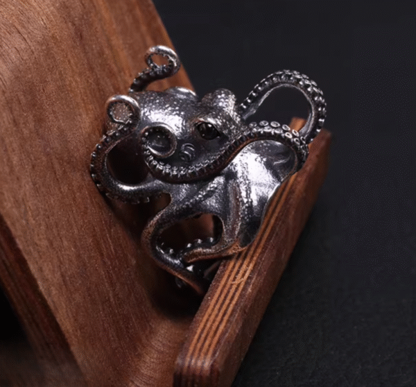 Octopus Ring, Handcrafted 925 Sterling Silver with Black Onyx, “Bright Future Within Reach”, Adjustable Unisex Band