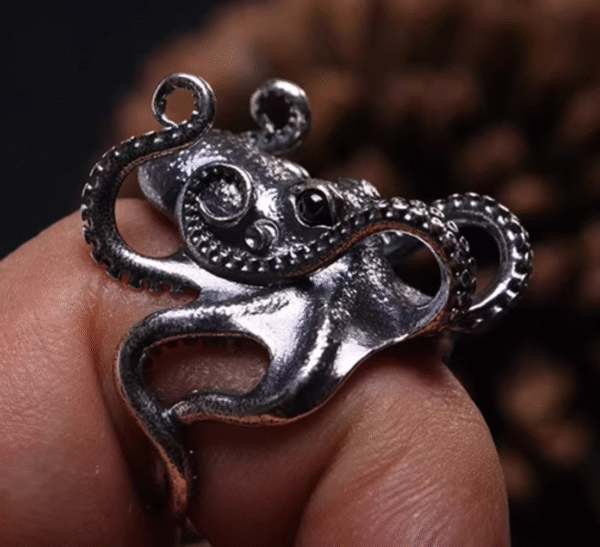 Octopus Ring, Handcrafted 925 Sterling Silver with Black Onyx, “Bright Future Within Reach”, Adjustable Unisex Band