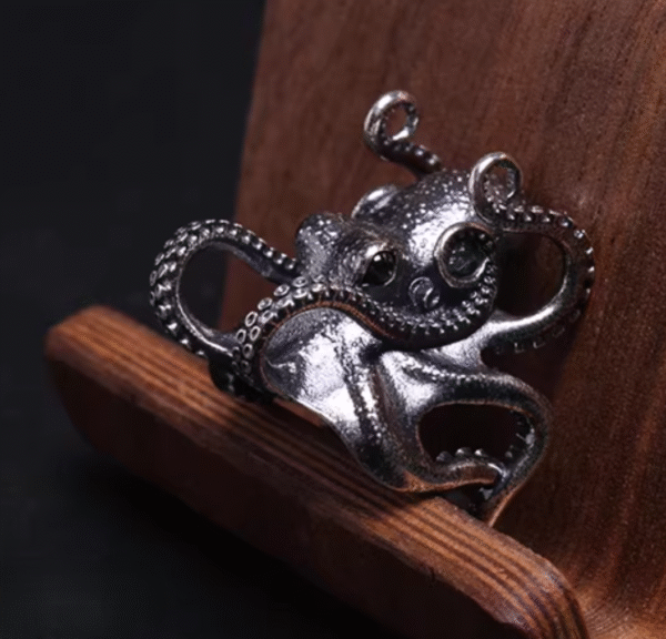 Octopus Ring, Handcrafted 925 Sterling Silver with Black Onyx, “Bright Future Within Reach”, Adjustable Unisex Band