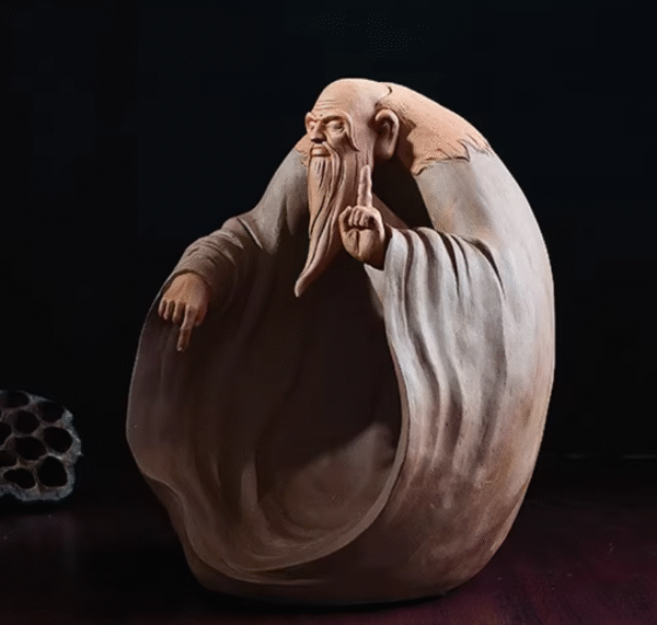 Laozi – Handcrafted Zisha Clay Sculpture, “The Sage of Tao”, One Hand to Heaven, One Hand to Earth, Zen Art for Study & Office